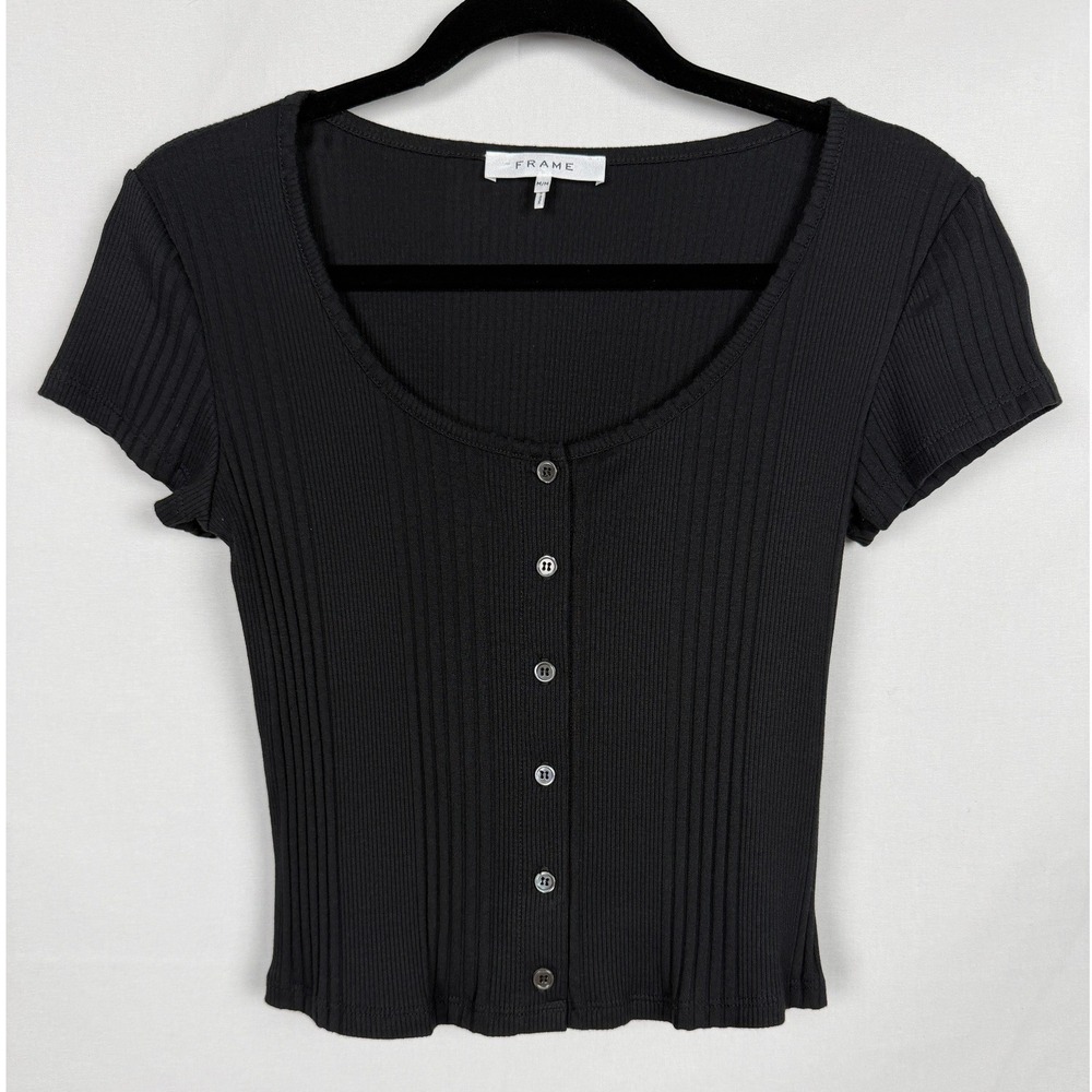 NWOT FRAME Ribbed Button Front Cropped Top Size M Scoop Neck Minimalist